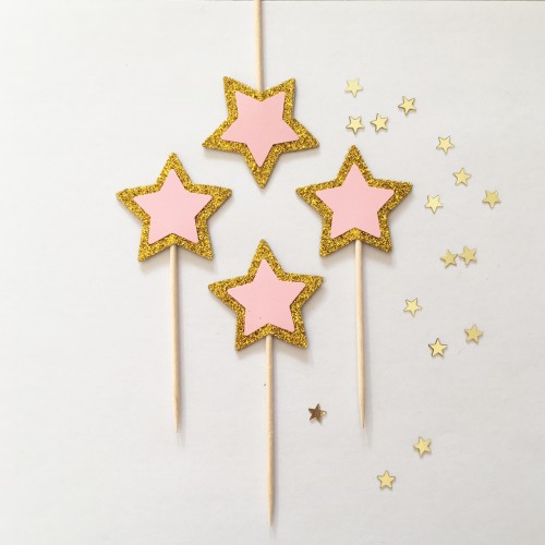 Cupcake Toppers Γκλίτερ Χρυσά Και Ροζ Αστέρια -Hand Made by Ministry Of Art 6pcs