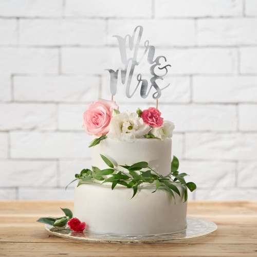 Cake Topper Mr&Mrs Ασημί Διακοσμητικό Γαμήλιας Τούρτας