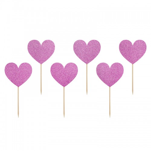 Cupcake Toppers Καρδιές Ροζ Γκλίτερ-Sweet Love Party Deco